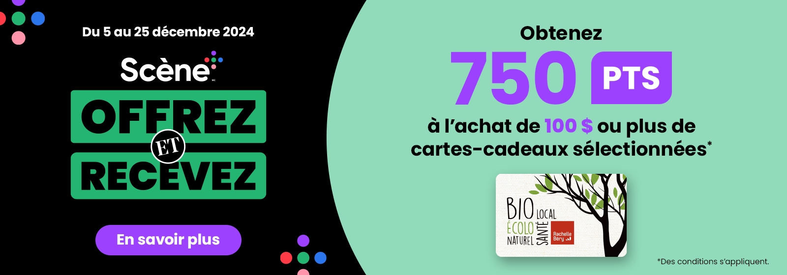 Le texte de cette bannière se lit comme suit : « Donnez et obtenez, obtenez 750 points à l'achat de 100 $ ou plus de cartes-cadeaux sélectionnées. L'offre débute du 5 au 25 décembre 2024. Pour en savoir plus, cliquez sur le bouton En savoir plus à droite.